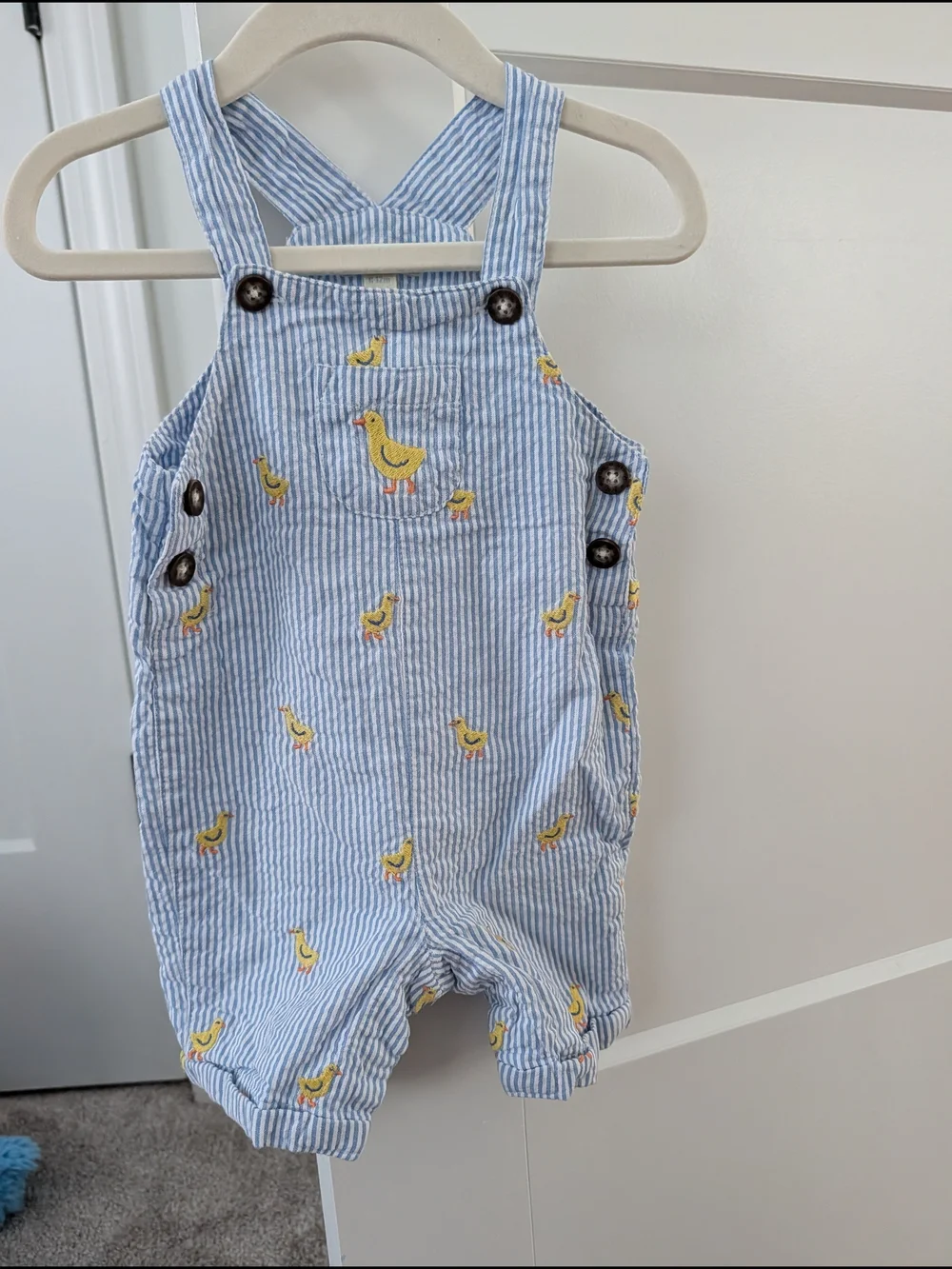 JoJo Maman Bebe Light Blue Striped Overalls with Yellow Duck Embroidery